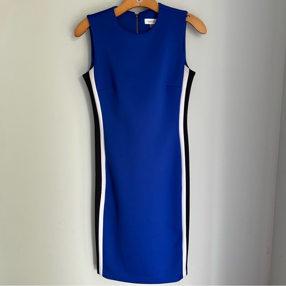 Calvin Klein Sheath Dress Royal Blue Stripe Sleeveless Zipper Back 2 - Picture 1 of 7